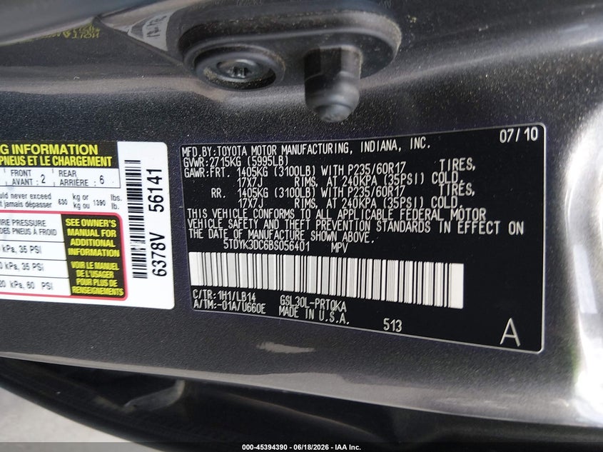 2011 Toyota Sienna VIN 5TDYK3DC6BS056401 IAAI salvage auction — LEFT SIDE, Salvage (Idaho), sold $775 on 2026-07-15 (photo 9)