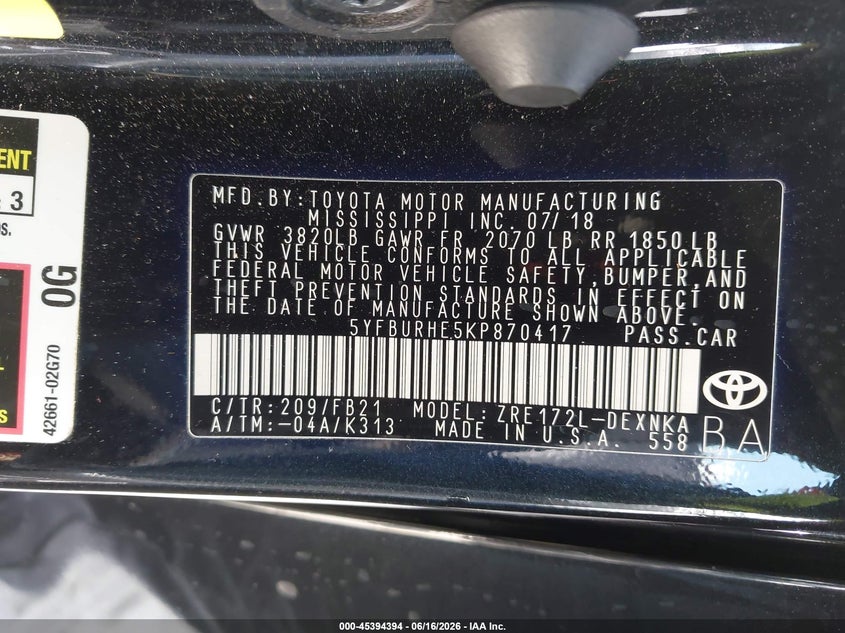 2019 Toyota Corolla VIN 5YFBURHE5KP870417 IAAI salvage auction — FRONT END, Salvage (Texas), sold $3,050 on 2026-07-09 (photo 9)