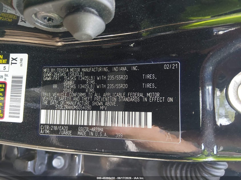 2021 Toyota Highlander VIN 5TDLZRAH0MS054090 IAAI salvage auction — FRONT & REAR, Clear (Virginia), sold $6,600 on 2026-07-15 (photo 9)
