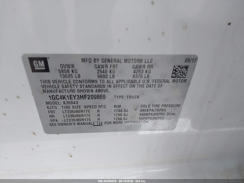 2017 Chevrolet Silverado VIN 1GC4K1EY3HF209869 IAAI salvage auction — FRONT & REAR, Salvage (California), sold $21,500 on 2026-07-19 (photo 8)