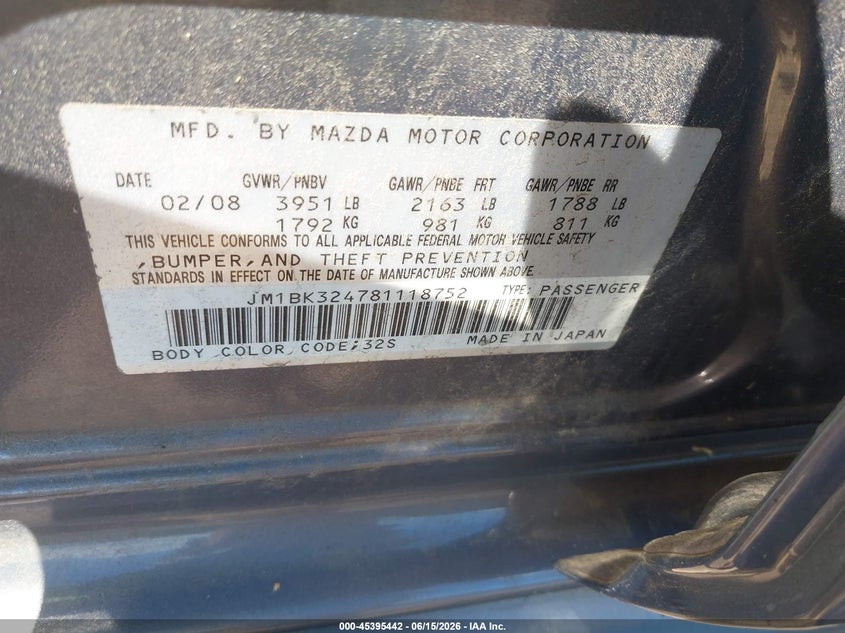 2008 Mazda 3 VIN JM1BK324781118752 IAAI salvage auction — NORMAL WEAR, Clear (New York), sold $475 on 2026-07-21 (photo 9)