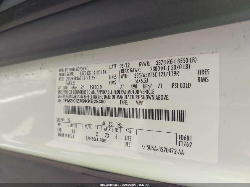 2019 Ford Transit 150 VIN 1FMZK1ZM9KKB28480 IAAI salvage auction — NORMAL WEAR, Sf97 (New York), sold $15,500 on 2026-07-31 (photo 9)