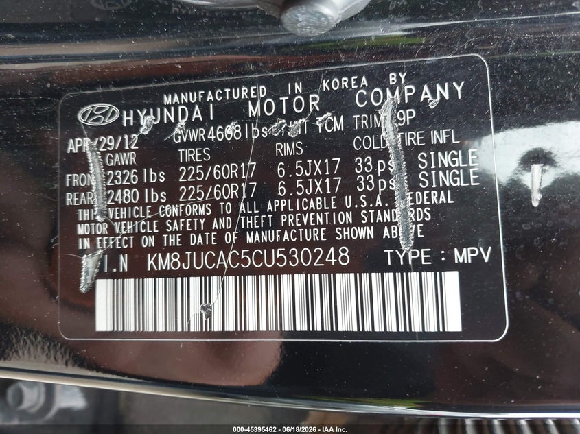 2012 Hyundai Tucson VIN KM8JUCAC5CU530248 IAAI salvage auction — NORMAL WEAR, Clear (Kansas), sold $750 on 2026-07-15 (photo 9)