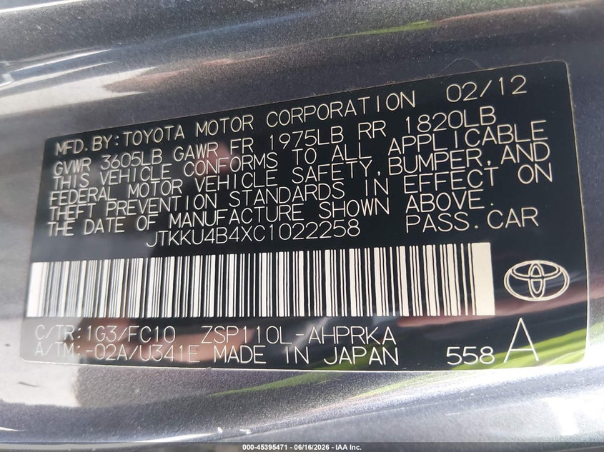 2012 Scion Xd VIN JTKKU4B4XC1022258 IAAI salvage auction — RIGHT FRONT, Salvage (Texas), sold $750 on 2026-07-28 (photo 9)
