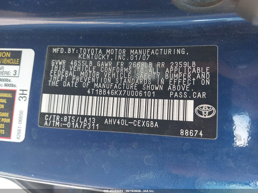 2007 Toyota Camry VIN 4T1BB46KX7U006101 IAAI salvage auction — NORMAL WEAR, Clear (Arizona), sold $250 on 2026-07-09 (photo 9)