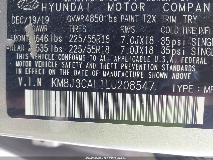 2020 Hyundai Tucson VIN KM8J3CAL1LU208547 IAAI salvage auction — FRONT END, Salvage (North Carolina), sold $4,550 on 2026-07-30 (photo 9)