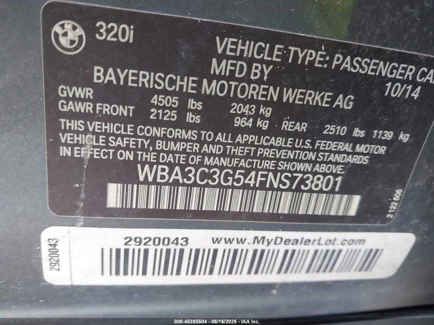 2015 BMW 3 series VIN WBA3C3G54FNS73801 IAAI salvage auction — NORMAL WEAR, Original (Texas), sold $1,325 on 2026-07-29 (photo 9)
