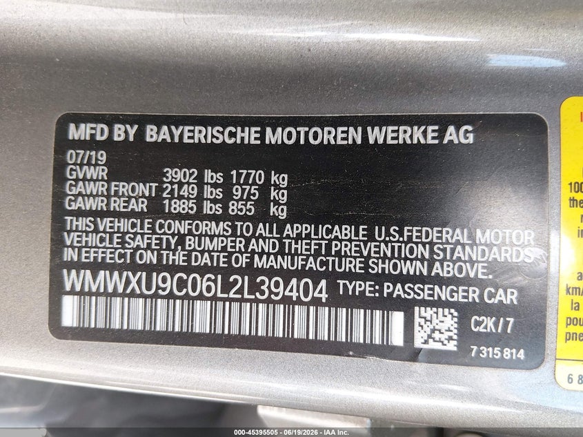 2020 Mini Hard top VIN WMWXU9C06L2L39404 IAAI salvage auction — SUSPENSION, Wait Title, sold $5,500 on 2026-08-23 (photo 9)