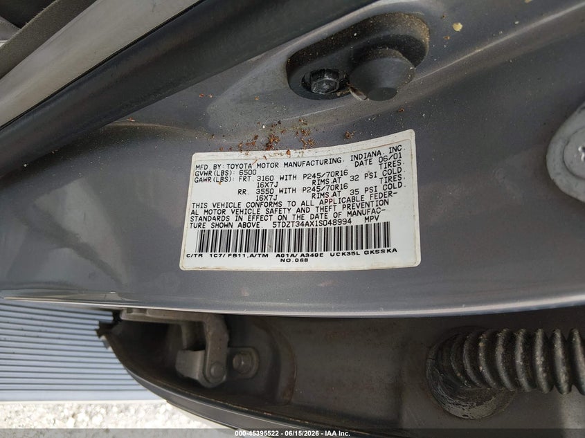 2001 Toyota Sequoia VIN 5TDZT34AX1S048994 IAAI salvage auction — NORMAL WEAR, Clear (Florida), sold $475 on 2026-07-22 (photo 9)