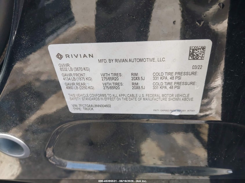 2022 Rivian R1t VIN 7FCTGAAL8NN004602 IAAI salvage auction — REAR END, Salvage (Virginia), sold $75 on 2026-07-31 (photo 9)
