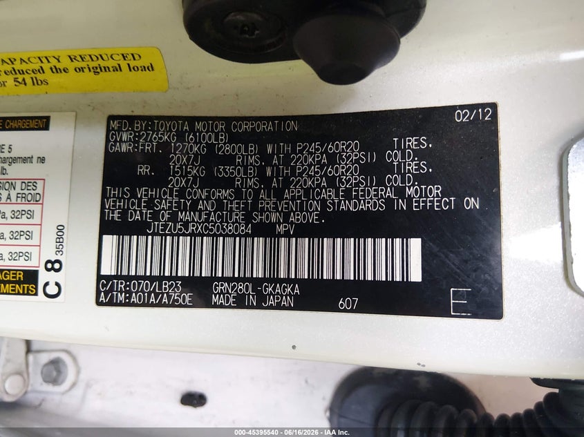 2012 Toyota 4runner VIN JTEZU5JRXC5038084 IAAI salvage auction — LEFT FRONT, Salvage (Louisiana), sold $8,400 on 2026-07-08 (photo 9)