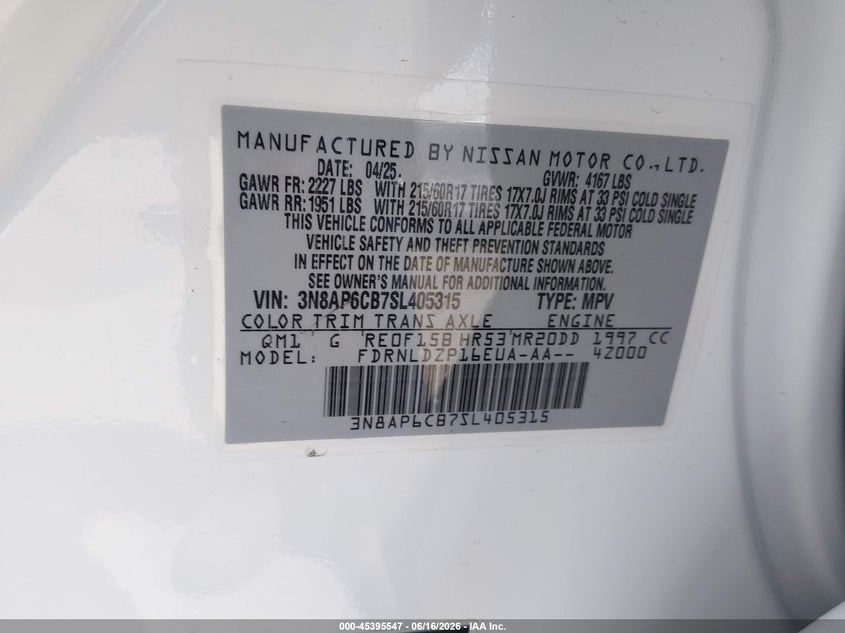 2025 Nissan Kicks VIN 3N8AP6CB7SL405315 IAAI salvage auction — RIGHT FRONT, Salvage (California), sold $4,950 on 2026-07-28 (photo 9)