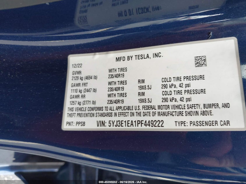 2023 Tesla Model 3 VIN 5YJ3E1EA1PF449222 IAAI salvage auction — FRONT END, Certificate Of Destruction (Florida), sold $4,000 on 2026-07-29 (photo 9)