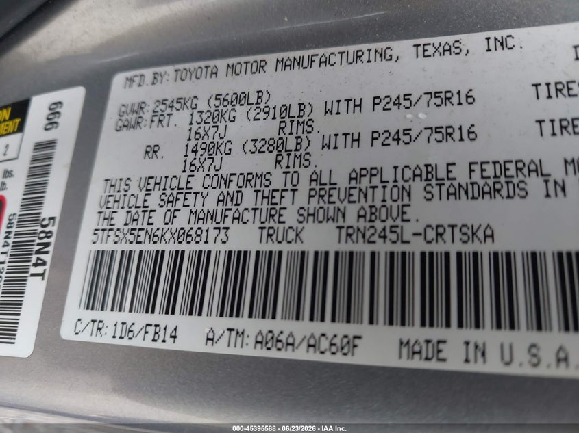 2019 Toyota Tacoma VIN 5TFSX5EN6KX068173 IAAI salvage auction — SIDE, Salvage (Virginia), sold $8,350 on 2026-07-20 (photo 9)