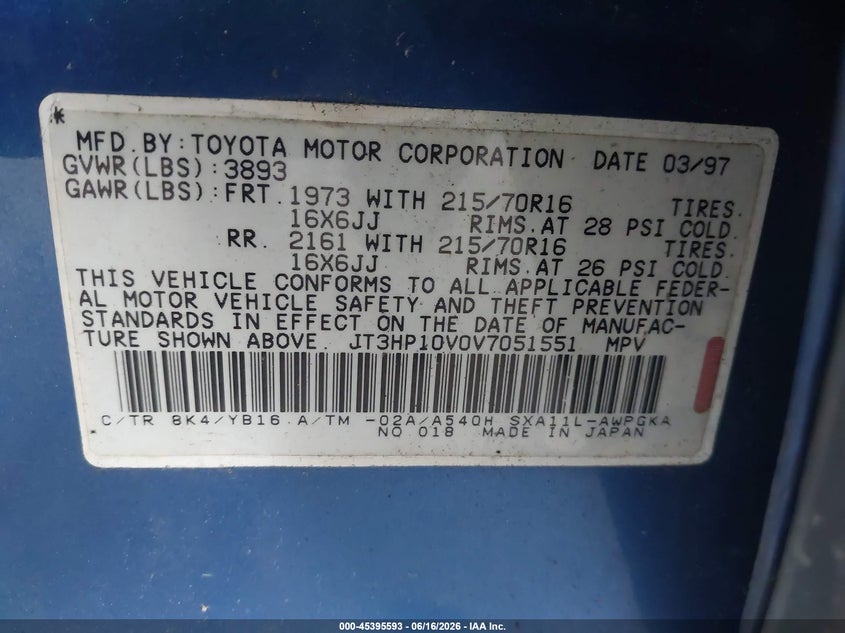 1997 Toyota Rav4 VIN JT3HP10V0V7051551 IAAI salvage auction — NORMAL WEAR, Clear (New York), sold $425 on 2026-07-08 (photo 9)