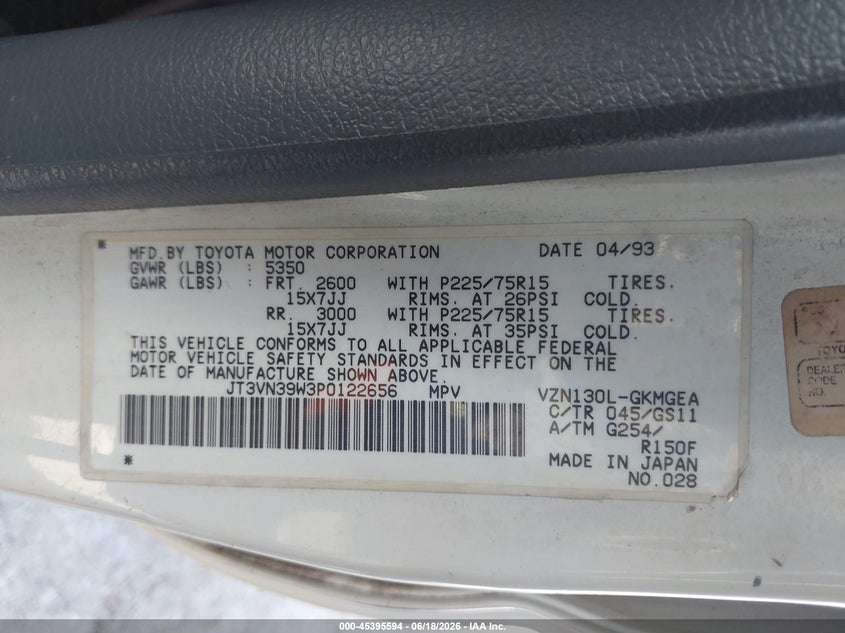 1993 Toyota 4runner VIN JT3VN39W3P0122656 IAAI salvage auction — FRONT END, Salvage (Texas), sold $500 on 2026-07-21 (photo 9)