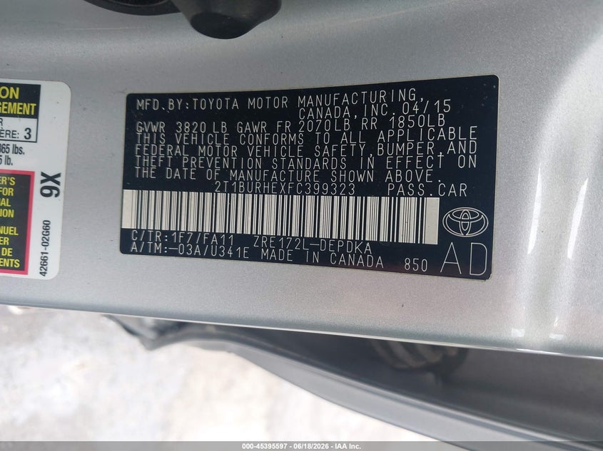 2015 Toyota Corolla VIN 2T1BURHEXFC399323 IAAI salvage auction — SIDE, Salvage (Georgia), sold $3,550 on 2026-07-22 (photo 9)