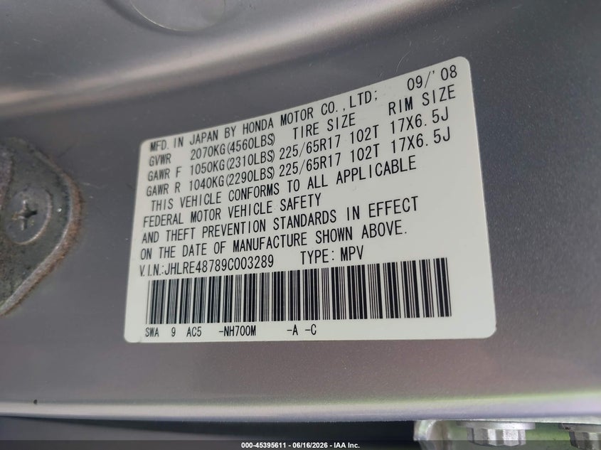 2009 Honda Cr-v VIN JHLRE48789C003289 IAAI salvage auction — REAR END, Junk Bill Of Sale Mv2459 (Wisconsin), sold $400 on 2026-07-14 (photo 9)