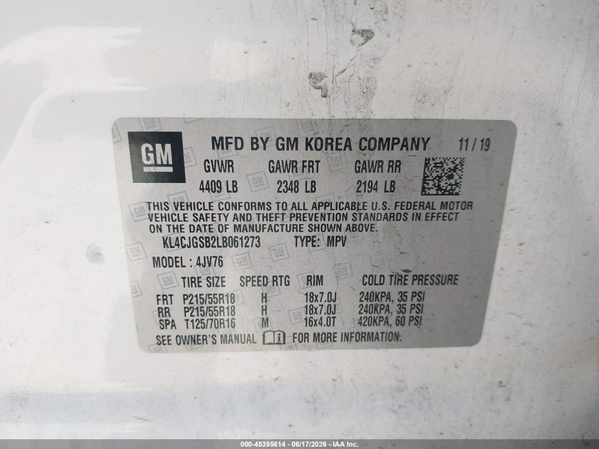 2020 Buick Encore VIN KL4CJGSB2LB061273 IAAI salvage auction — FRONT & REAR, Mv-907A (New York), sold $25 on 2026-07-28 (photo 9)