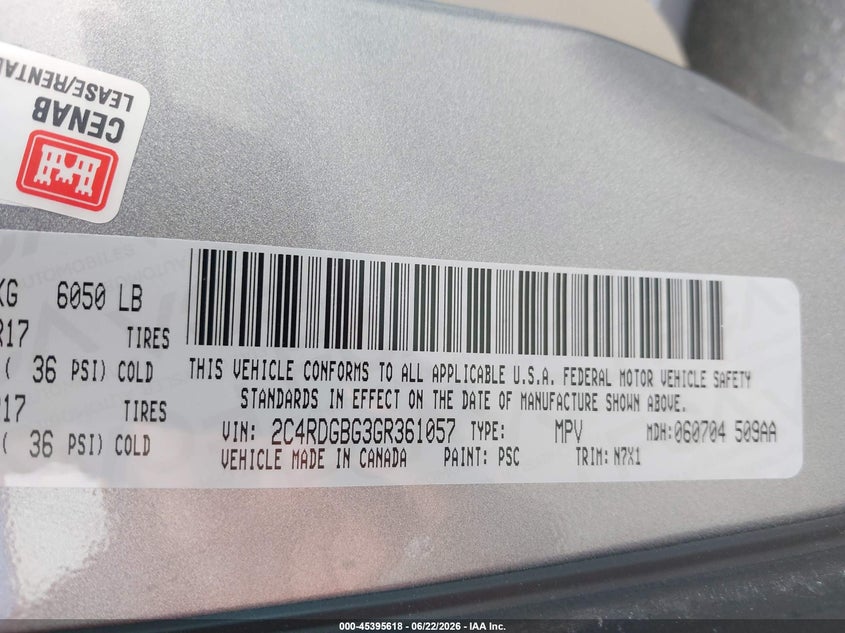 2016 Dodge Grand caravan VIN 2C4RDGBG3GR361057 IAAI salvage auction — NORMAL WEAR, Sf97 (Maryland), sold $13,750 on 2026-08-18 (photo 9)