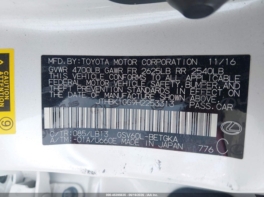 2017 Lexus ES VIN JTHBK1GG9H2253313 IAAI salvage auction — LEFT & RIGHT, Salvage (North Carolina), sold $2,750 on 2026-07-22 (photo 9)