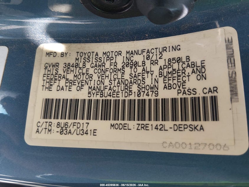 2013 Toyota Corolla VIN 5YFBU4EE1DP107479 IAAI salvage auction — NORMAL WEAR, Clear (New Mexico), sold $2,025 on 2026-07-13 (photo 9)