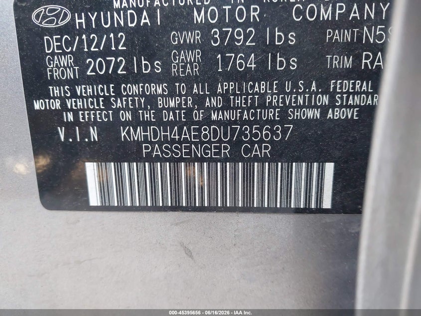 2013 Hyundai Elantra VIN KMHDH4AE8DU735637 IAAI salvage auction — NORMAL WEAR, Original (Texas), sold $1,200 on 2026-07-20 (photo 9)