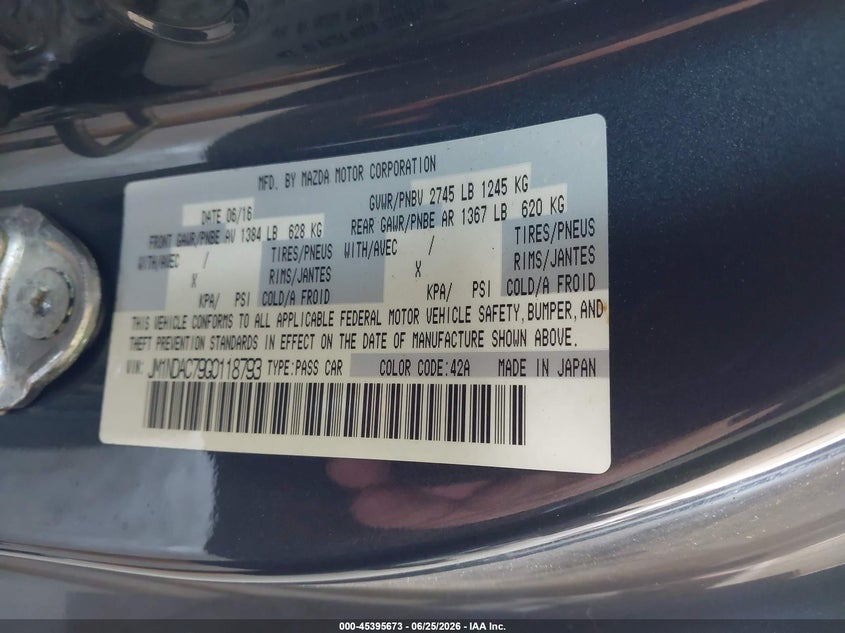 2016 Mazda Mx-5 VIN JM1NDAC79G0118793 IAAI salvage auction — REAR END, Salvage Title, sold $3,550 on 2026-08-02 (photo 9)