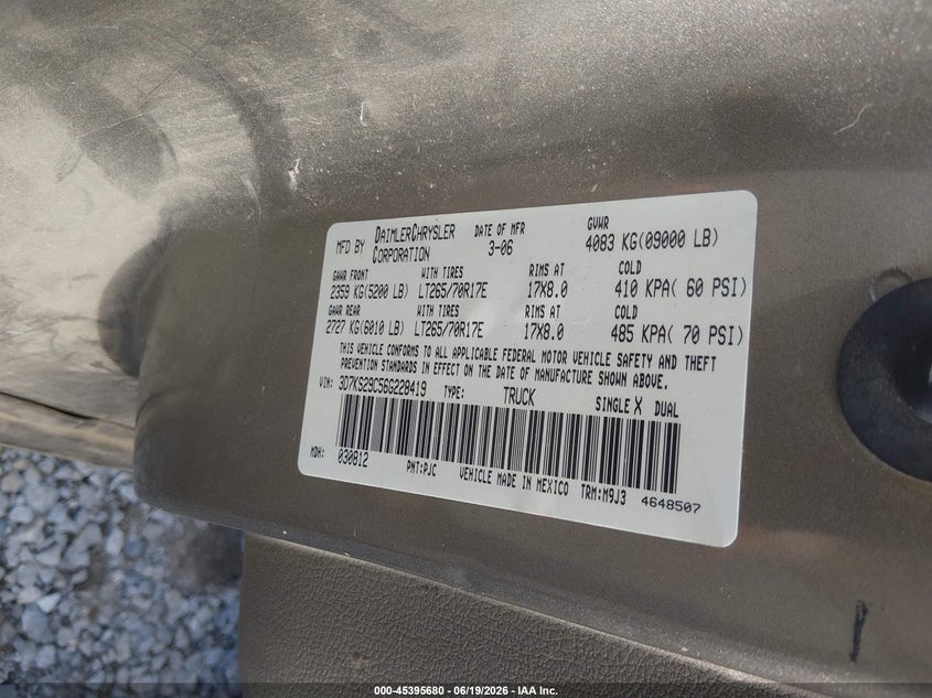 2006 Dodge Ram 2500 VIN 3D7KS29C56G228419 IAAI salvage auction — SIDE, Salvage (Tennessee), sold $2,250 on 2026-07-09 (photo 9)