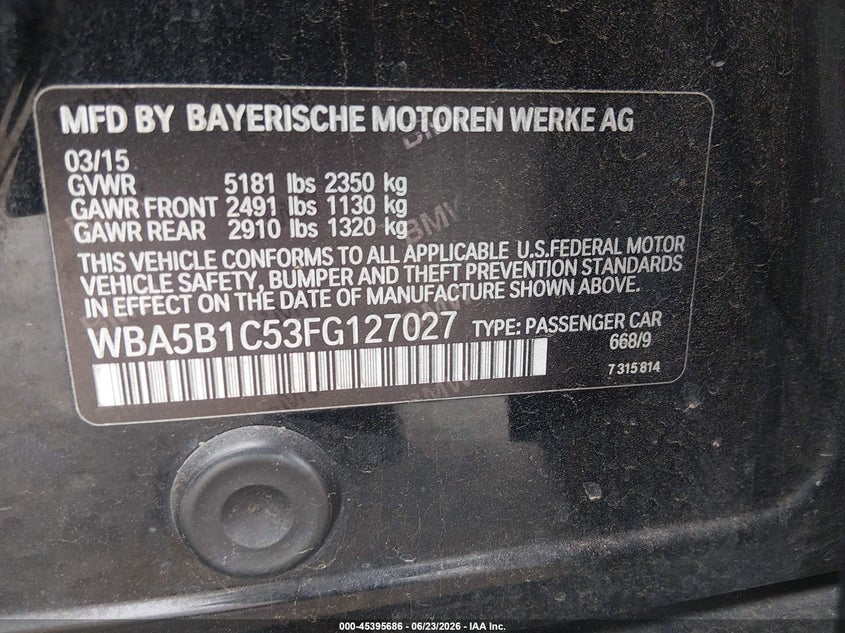 2015 BMW 5er VIN WBA5B1C53FG127027 IAAI salvage auction — FRONT END, Salvage (Arkansas), sold $1,550 on 2026-07-29 (photo 9)