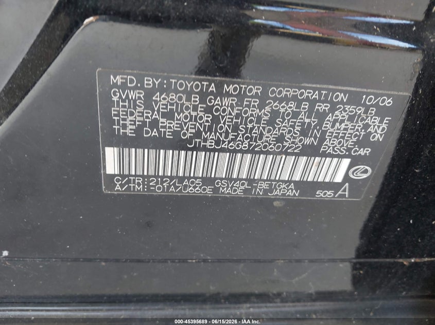 2007 Lexus Es 350 VIN JTHBJ46G872060722 IAAI salvage auction — NORMAL WEAR, Clear (Florida), sold $825 on 2026-07-21 (photo 9)