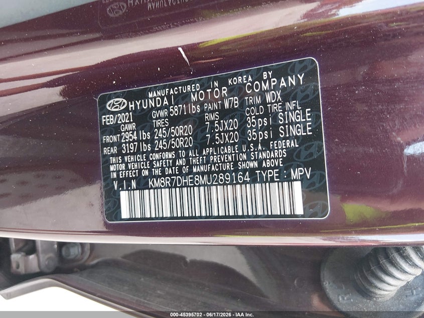 2021 Hyundai Palisade VIN KM8R7DHE8MU289164 IAAI salvage auction — REAR END, Salvage - Greater Than 75% (Maryland), sold $7,200 on 2026-07-23 (photo 9)