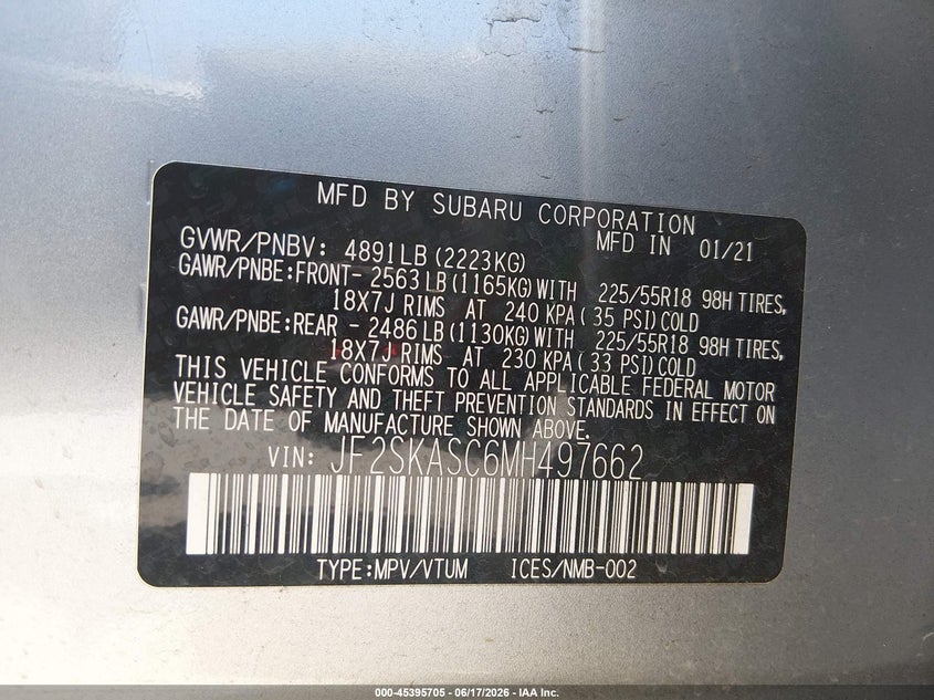 2021 Subaru Forester VIN JF2SKASC6MH497662 IAAI salvage auction — FRONT END, Salvage (California), sold $4,350 on 2026-07-27 (photo 9)