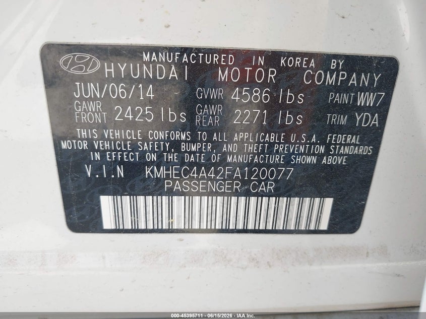 2015 Hyundai Sonata VIN KMHEC4A42FA120077 IAAI salvage auction — LEFT FRONT, Salvage Rebuilt (North Carolina), sold $800 on 2026-07-07 (photo 9)