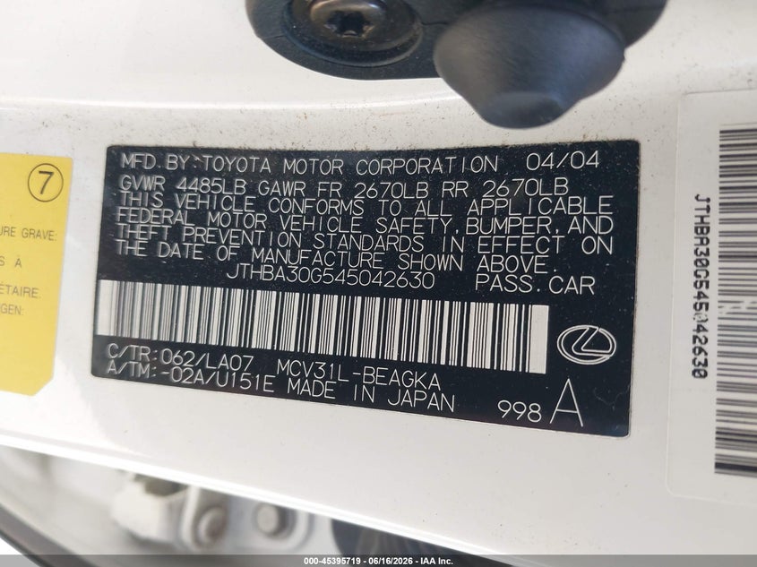 2004 Lexus Es 330 VIN JTHBA30G545042630 IAAI salvage auction — REAR END, Salvage (California), sold $975 on 2026-07-29 (photo 9)
