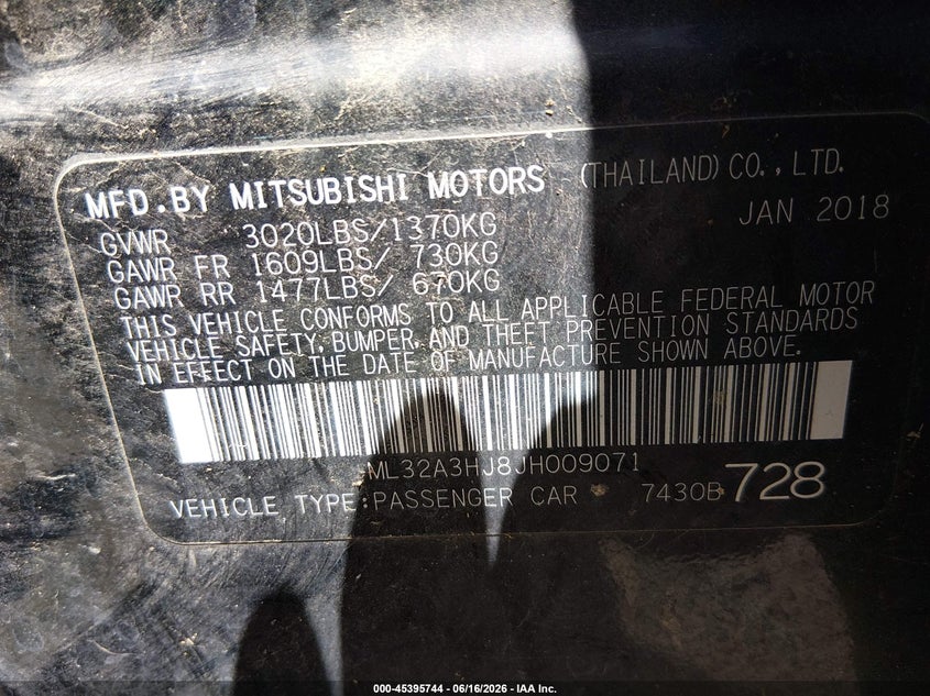 2018 Mitsubishi Mirage VIN ML32A3HJ8JH009071 IAAI salvage auction — NORMAL WEAR, Salvage Title, sold $525 on 2026-09-29 (photo 9)
