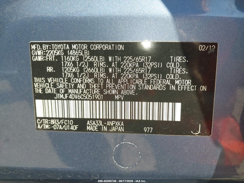 2012 Toyota Rav 4 VIN JTMJF4DV6C5051901 IAAI salvage auction — LEFT REAR, Salvage (New Jersey), sold $2,450 on 2026-07-28 (photo 9)