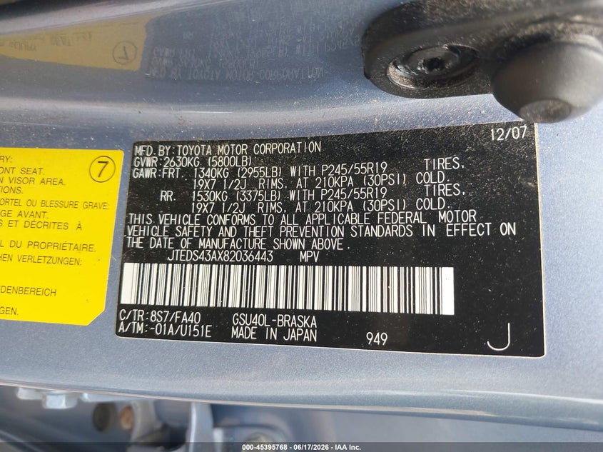 2008 Toyota Highlander VIN JTEDS43AX82036443 IAAI salvage auction — FRONT END, Salvage (Ohio), sold $3,675 on 2026-07-28 (photo 9)
