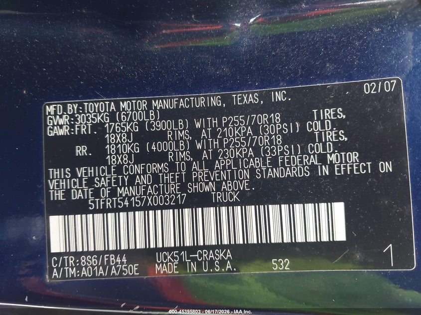 2007 Toyota Tundra VIN 5TFRT54157X003217 IAAI salvage auction — FRONT END, Salvage (Texas), sold $2,275 on 2026-07-09 (photo 9)