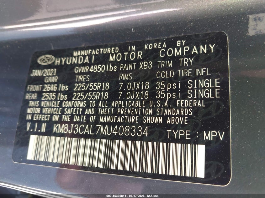 2021 Hyundai Tucson VIN KM8J3CAL7MU408334 IAAI salvage auction — FRONT END, Salvage (Ohio), sold $3,050 on 2026-07-08 (photo 9)