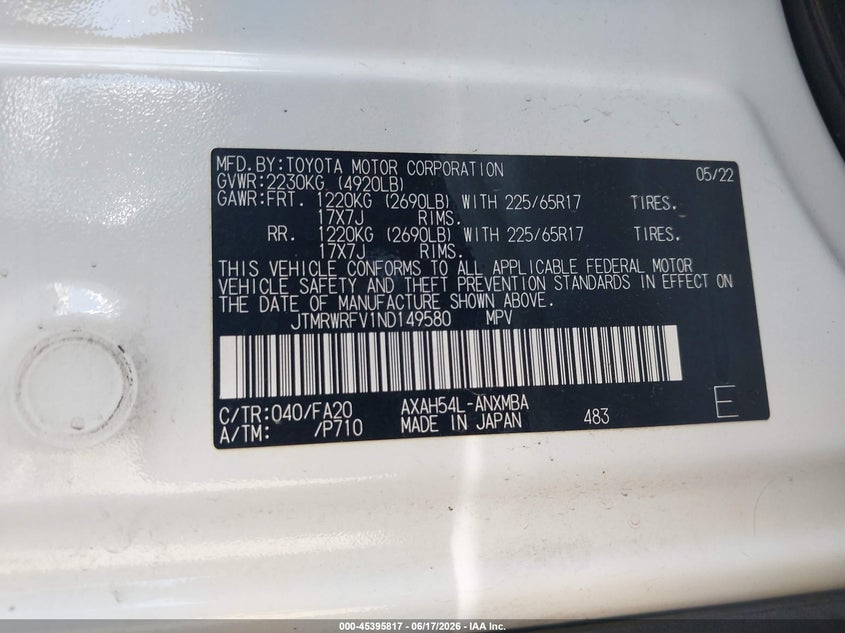 2022 Toyota Rav 4 VIN JTMRWRFV1ND149580 IAAI salvage auction — LEFT FRONT, Salvage (Arizona), sold $12,500 on 2026-07-14 (photo 9)
