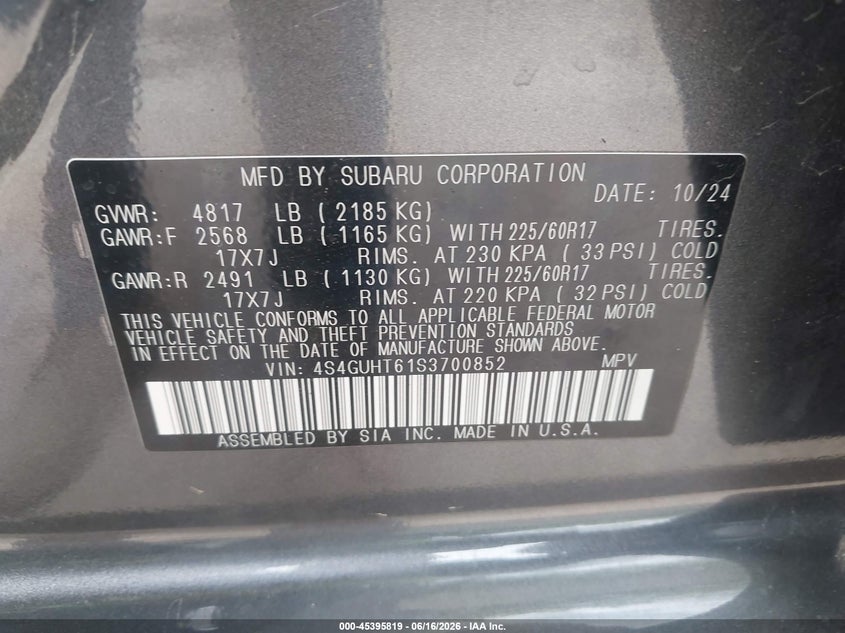 2025 Subaru Xv VIN 4S4GUHT61S3700852 IAAI salvage auction — FRONT END, Salvage Title, sold $11,500 on 2026-07-29 (photo 9)