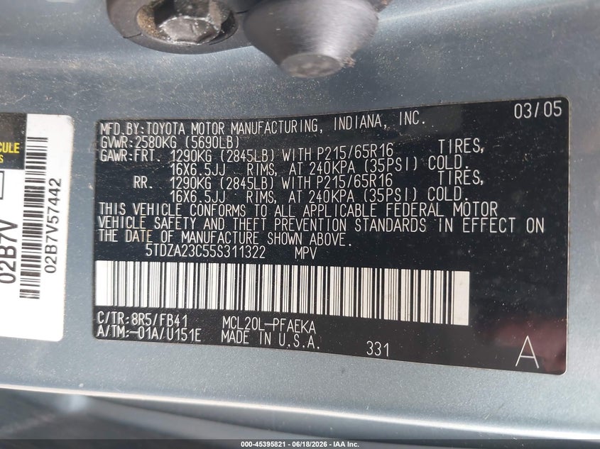 2005 Toyota Sienna VIN 5TDZA23C55S311322 IAAI salvage auction — LEFT FRONT, Clear (Virginia), sold $600 on 2026-07-14 (photo 9)