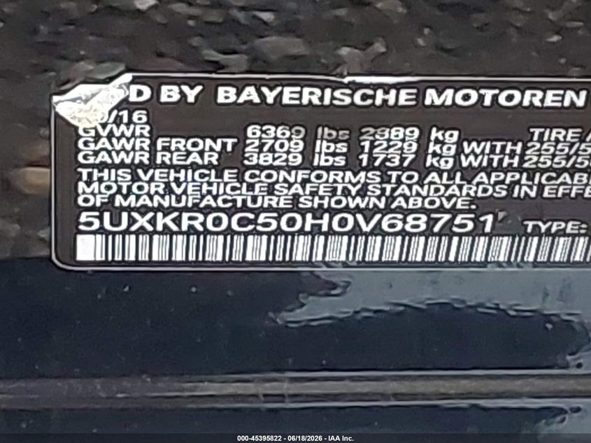 2017 BMW X5 VIN 5UXKR0C50H0V68751 IAAI salvage auction — FRONT END, Salvage Title, sold $8,100 on 2026-07-21 (photo 9)