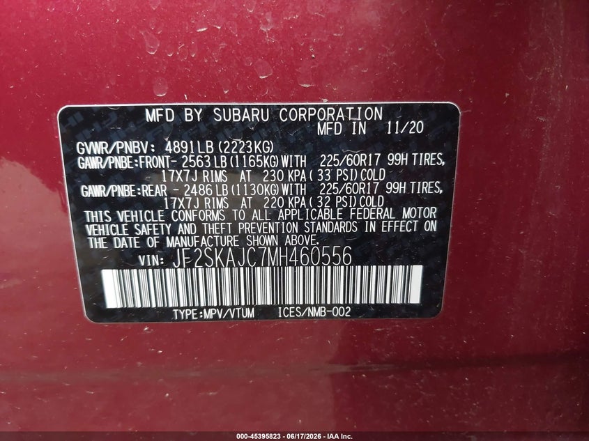 2021 Subaru Forester VIN JF2SKAJC7MH460556 IAAI salvage auction — STORM DAMAGE, Salvage Title, sold $4,050 on 2026-07-19 (photo 7)