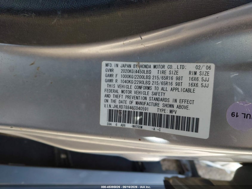 2006 Honda Cr-v VIN JHLRD78846C040591 IAAI salvage auction — FRONT & REAR, Junk Bill Of Sale Mv2459 (Wisconsin), sold $325 on 2026-07-07 (photo 9)