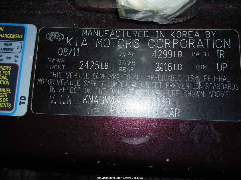 2011 Kia Optima VIN KNAGM4A79B5182130 IAAI salvage auction — FRONT END, Clear (Tennessee), sold $25 on 2026-07-29 (photo 9)