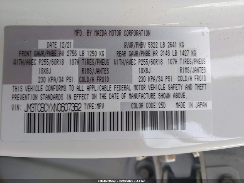 2022 Mazda Cx-9 VIN JM3TCBCYXN0607362 IAAI salvage auction — FRONT END, Salvage Title, sold $7,975 on 2026-09-02 (photo 9)