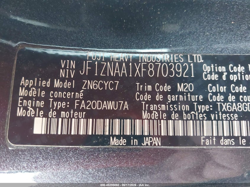2015 Scion Fr-s VIN JF1ZNAA1XF8703921 IAAI salvage auction — NORMAL WEAR, Clear (Alabama), sold $2,700 on 2026-07-14 (photo 9)