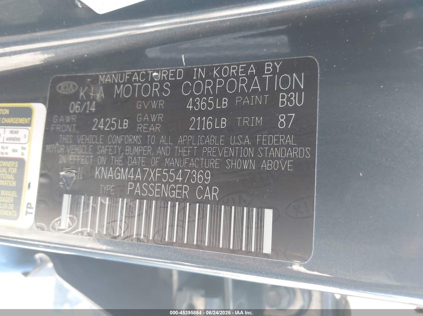 2015 Kia Optima VIN KNAGM4A7XF5547369 IAAI salvage auction — THEFT, Salvage (Ohio), sold $25 on 2026-07-28 (photo 9)